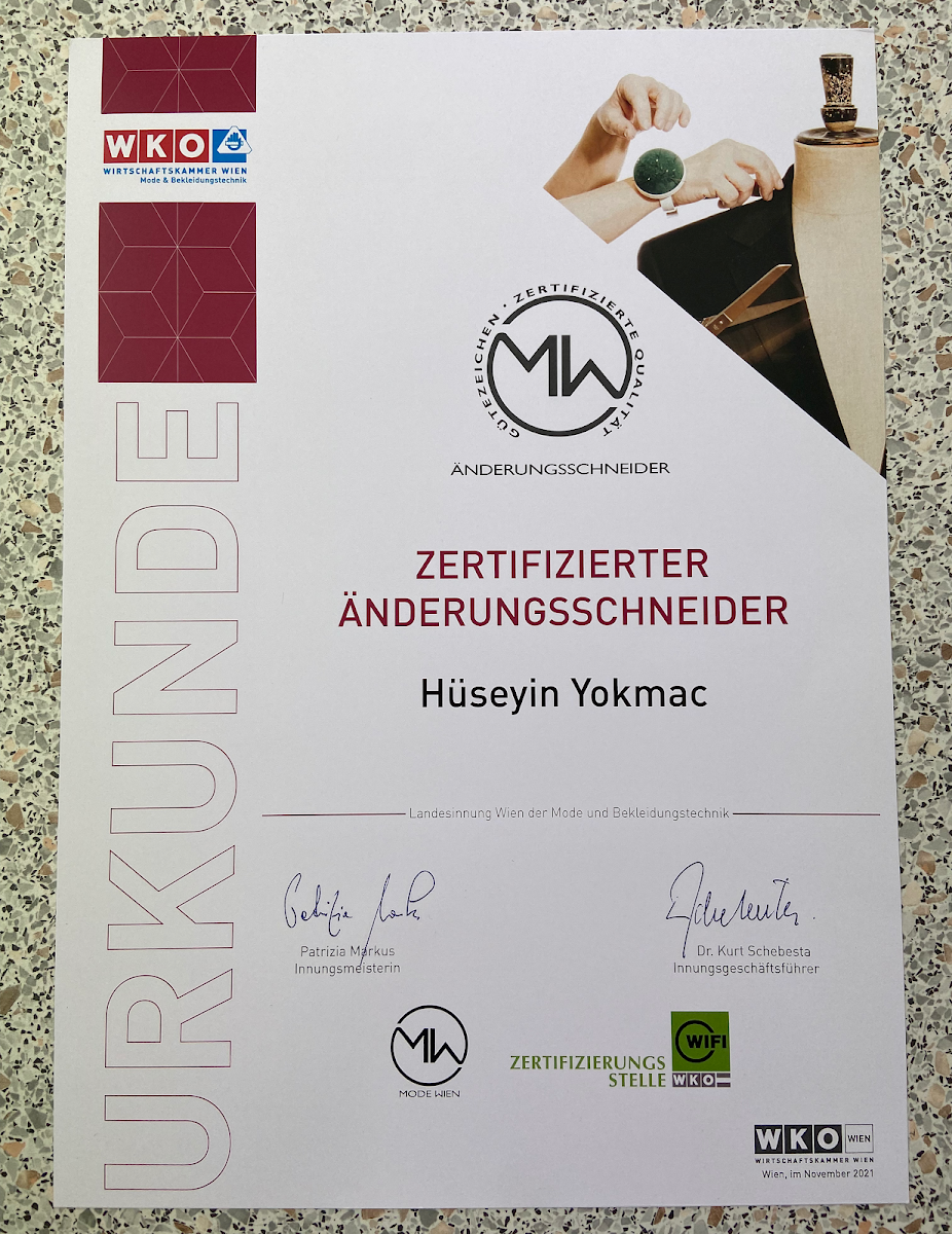 Urkunde: Zertifizierter Änderungsschneider Hüseyin Yokmac, WKO Wien